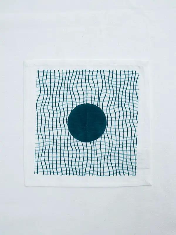 Serviettes Cocktail RAHA -Impression au Tampon sur Coton Lin - Lot de 4 - Bleu Doux/Vert Canard by No-mad