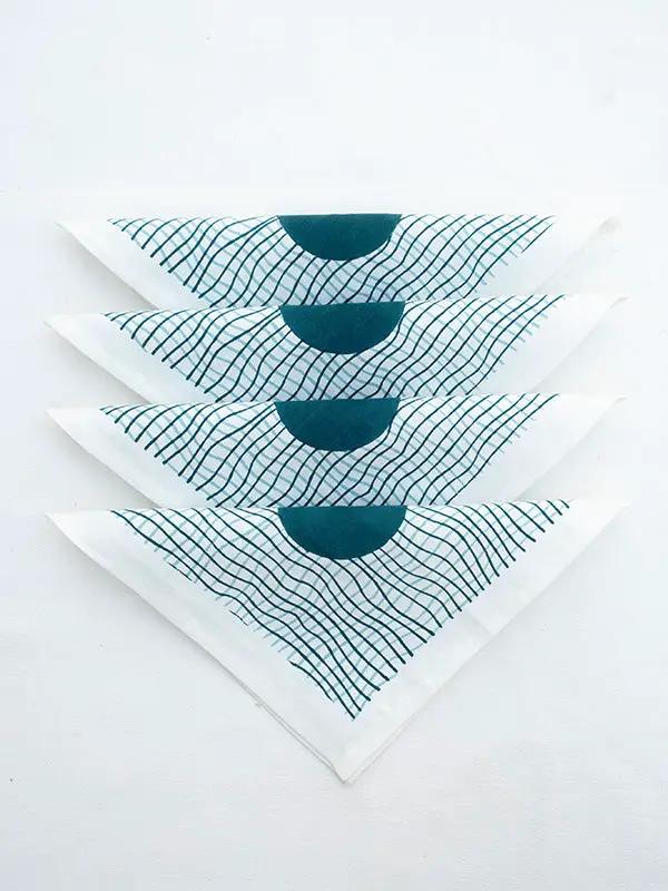 Serviettes Cocktail RAHA -Impression au Tampon sur Coton Lin - Lot de 4 - Bleu Doux/Vert Canard by No-mad