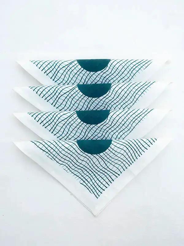 Nappe RAHA - Impression au Tampon sur Coton Lin - Bleu Doux/Vert Canard by No-mad