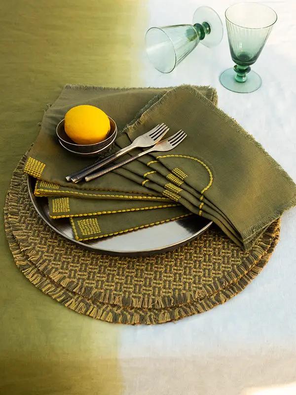 Serviettes Cocktail SHUNYA - Broderie sur Coton Lin - Kaki/Olive by No-mad