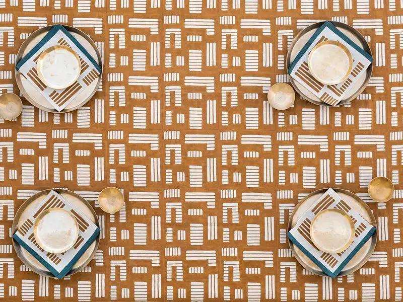 Lot de 4 Serviettes de Table INSIA -Impression au Tampon sur Coton Lin - Ocre/Vert Canard by No-mad