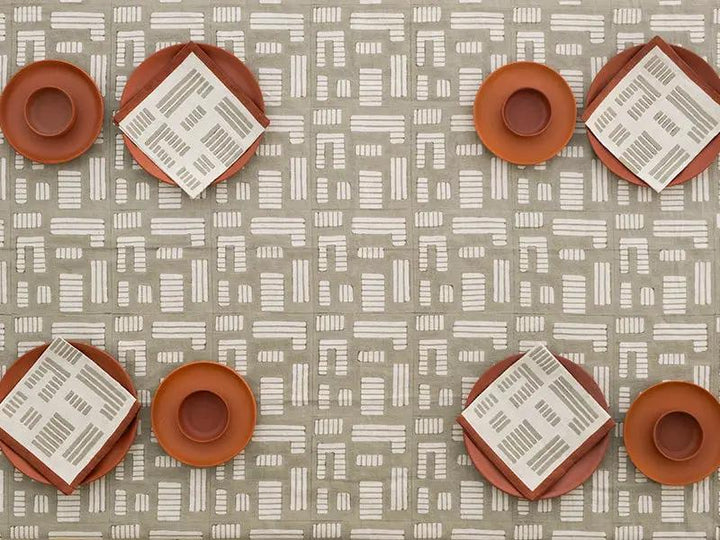 Nappe INSIA - Impression au Tampon sur Coton Lin - Taupe/Terracotta by No-mad