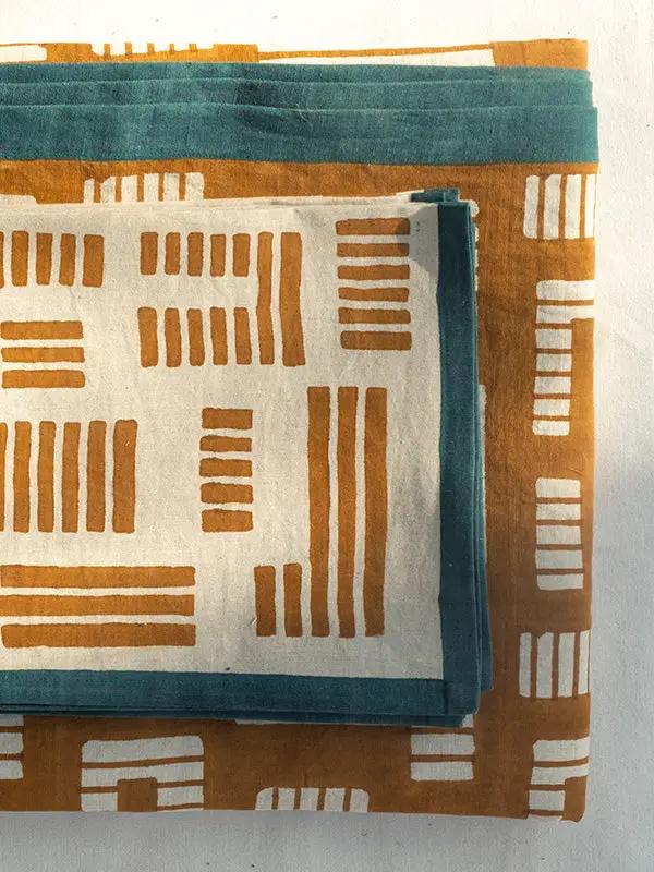 Serviettes de Table INSIA -Impression au Tampon sur Coton Lin - Lot de 4 - Ocre/Vert Canard by No-mad