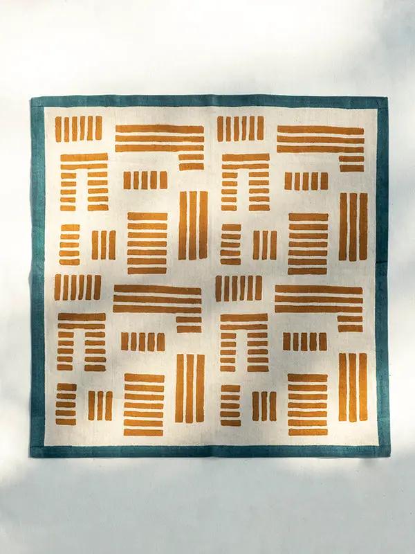 Serviettes de Table INSIA -Impression au Tampon sur Coton Lin - Lot de 4 - Ocre/Vert Canard by No-mad