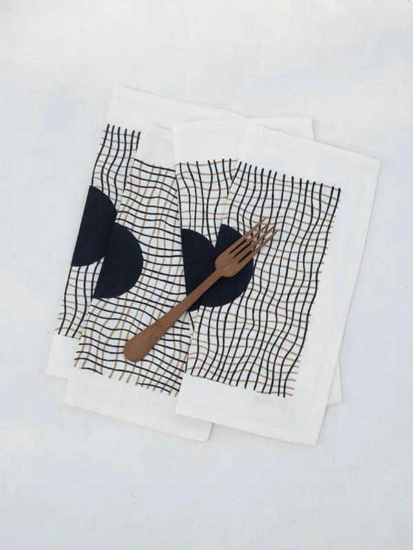 Serviettes Cocktail RAHA -Impression au Tampon sur Coton Lin - Lot de 4 - Noir/Tabac by No-mad