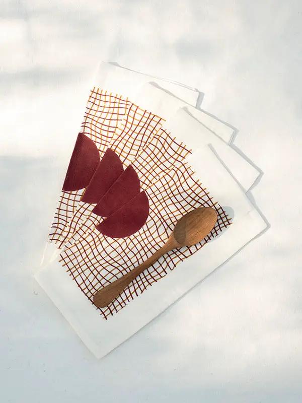 Serviettes Cocktail RAHA -Impression au Tampon sur Coton Lin - Lot de 4 - Ocre/Cramoisi by No-mad