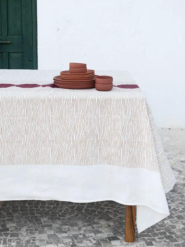 Nappe RAHA - Impression au Tampon sur Coton Lin - Ocre/Cramoisi by No-mad