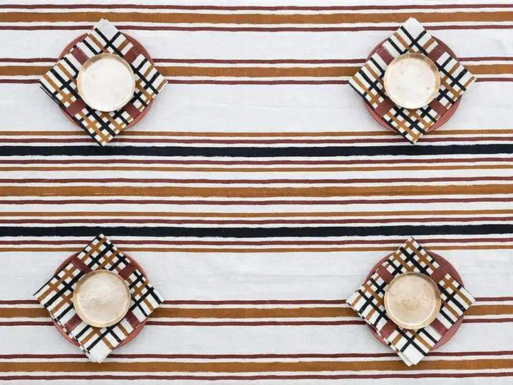 Nappe TALITHA - Impression au Tampon sur Coton Lin - Noir/Épicé/Sudan by No-mad