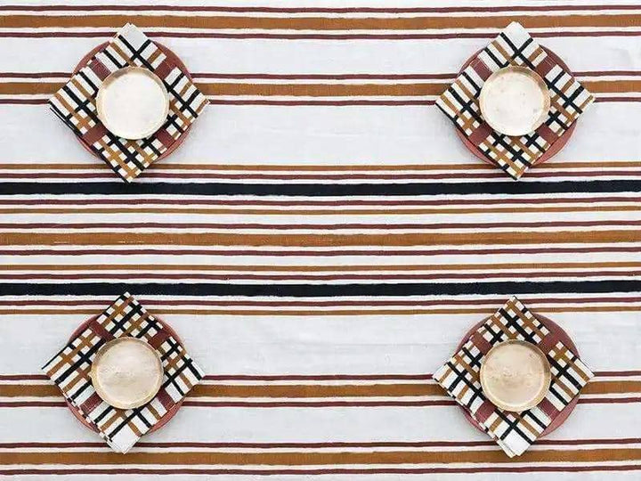 Lot de 4 Serviettes de Table TEESTA - Impression au Tampon sur Coton Lin - Noir/Terracotta/Ocre by No-mad