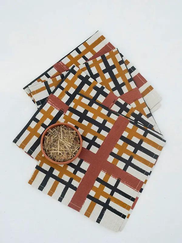 Serviettes Cocktail TEESTA - Impression au Tampon sur Coton Lin - Lot de 4 - Noir/Terracotta/Ocre by No-mad