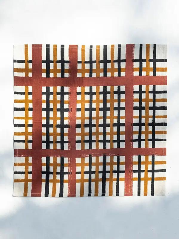Serviettes Cocktail TEESTA - Impression au Tampon sur Coton Lin - Lot de 4 - Noir/Terracotta/Ocre by No-mad
