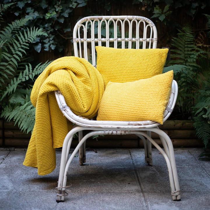 Coussins décoratifs jaunes Vivaraise en tissu texturé posés sur une chaise en rotin blanc avec plaid assorti