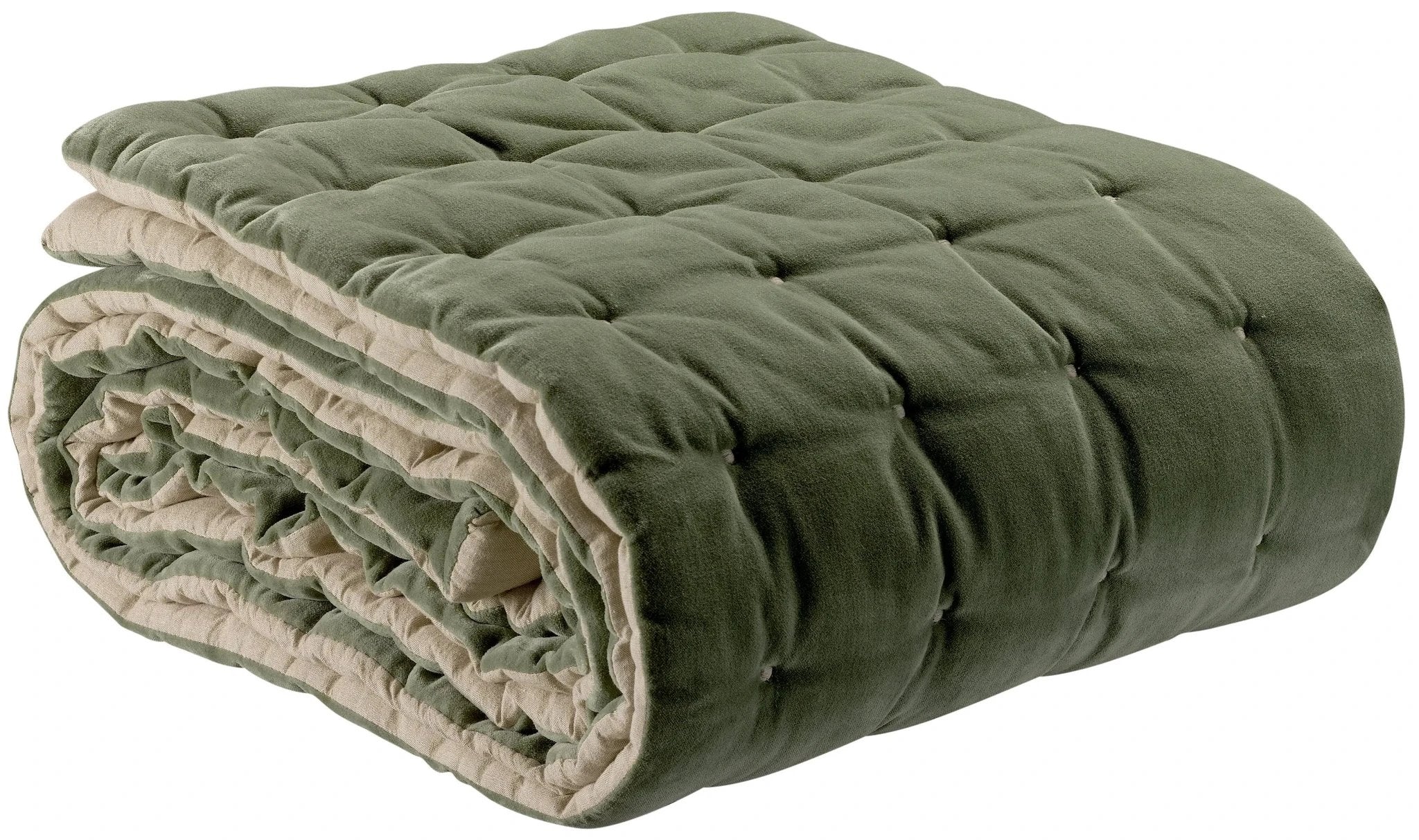 Chemin de lit Vivaraise en tissu matelassé vert et beige pour décoration de chambre