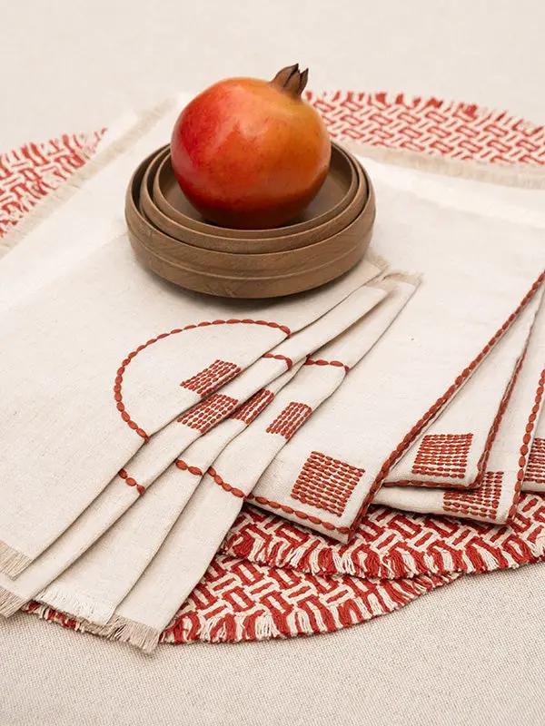 Serviettes de Table CHAKHON - Broderie sur Coton Lin - Terracotta/Taupe by No-mad