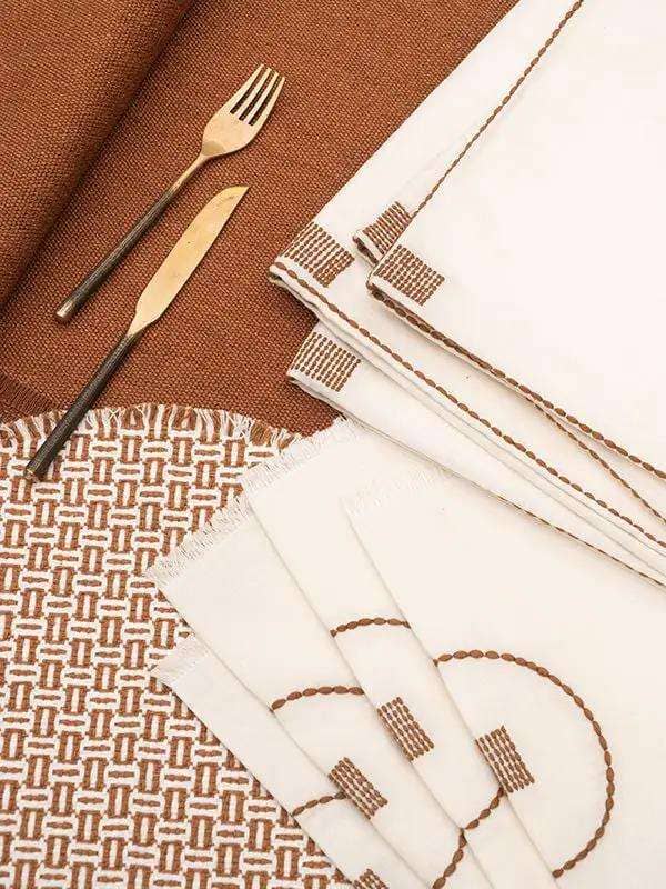 Lot de 4 Serviettes de Table CHAKHON - Broderie sur Coton Lin - Ivoire/Tabac by No-mad
