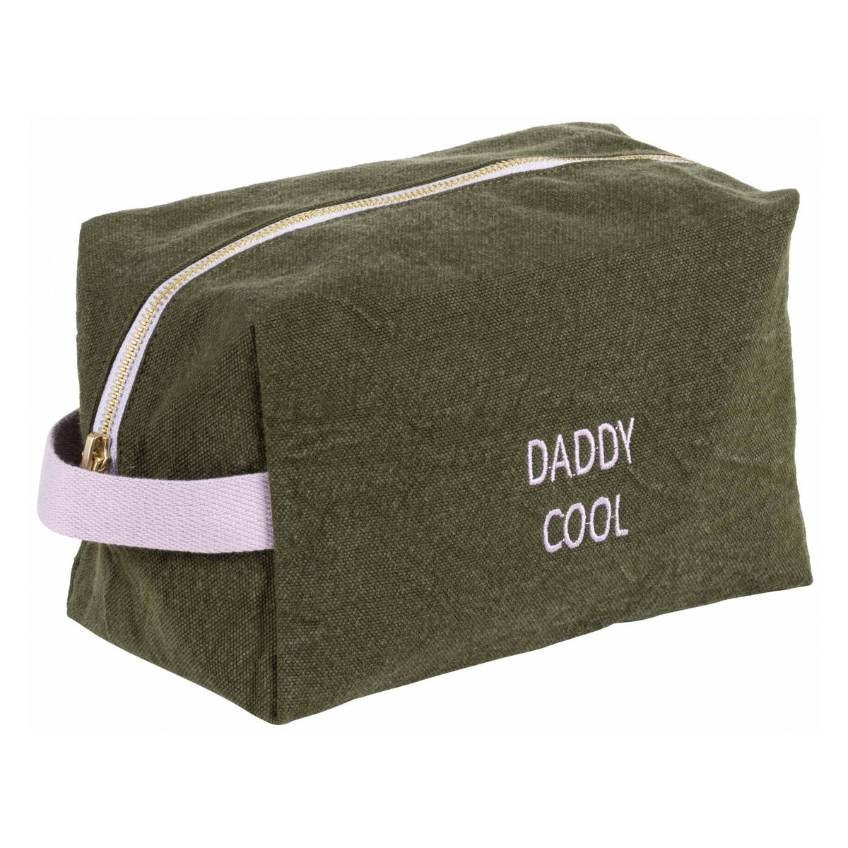 Trousse cube Daddy Cool Kale olive verte avec fermeture éclair et poignées rose pâle, marquée « DADDY COOL ».