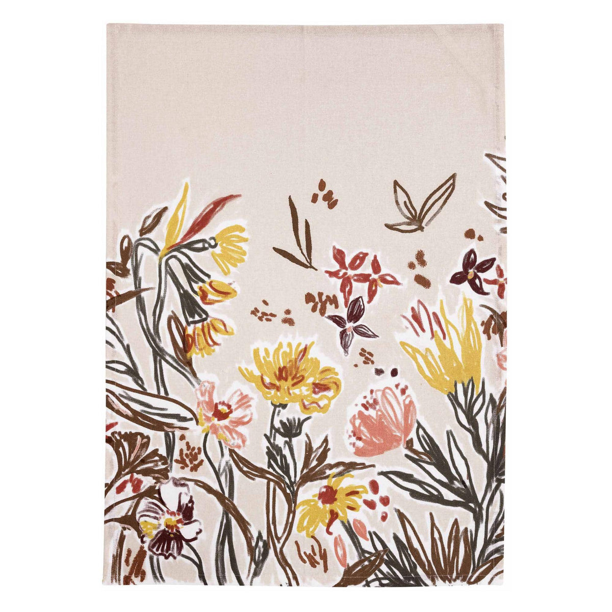 Torchon coton imprimé floral dans des tons crème, jaune et rose, motif bouquet de fleurs.