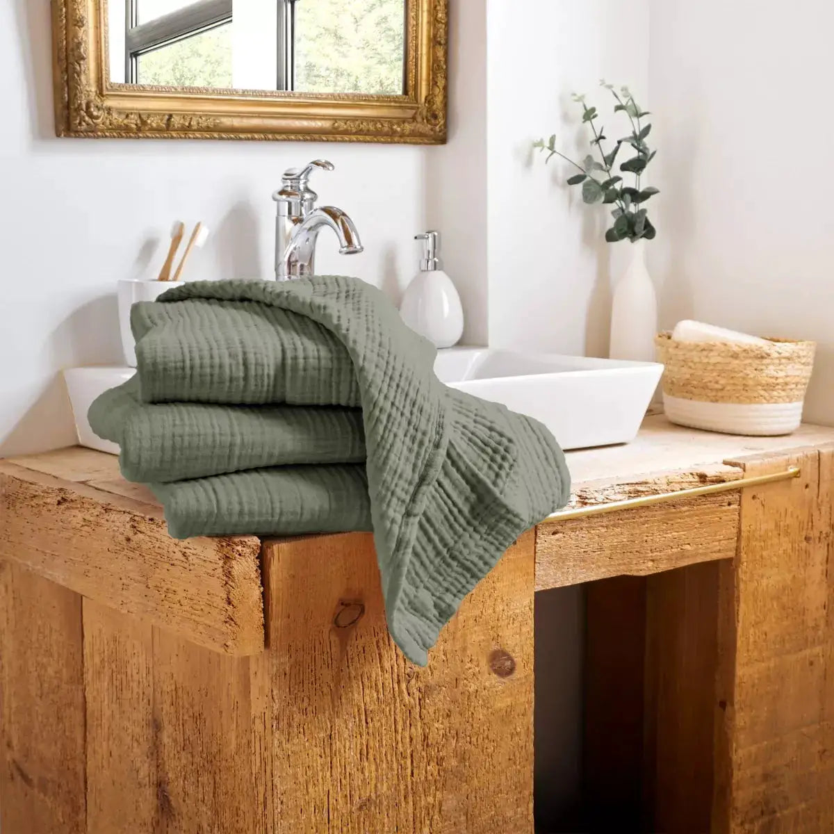 Drap de douche 70 x 130 cm Gaze de coton unie GAÏA Romarin by L'effet papillon